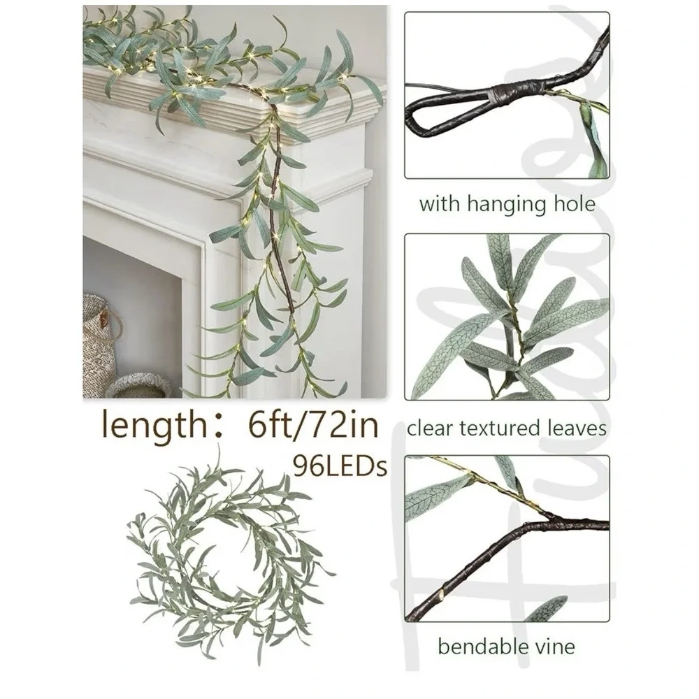 Lighted Olive Garland Battery Operated W/ Timer 96 LED Fairy Lights 6ft Vine Gar